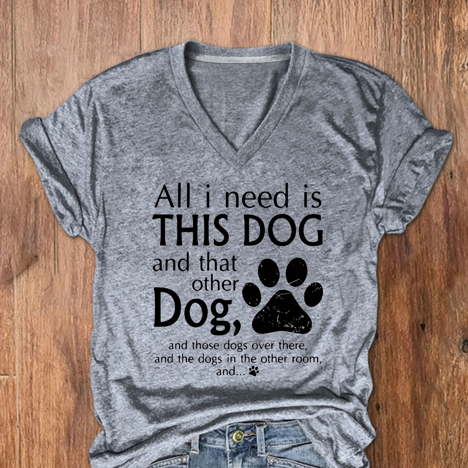 

Dog Letter Print T-shirt, V Neck Short Sleeve T-shirt, Casual Every Day Tops, Women's Clothing
