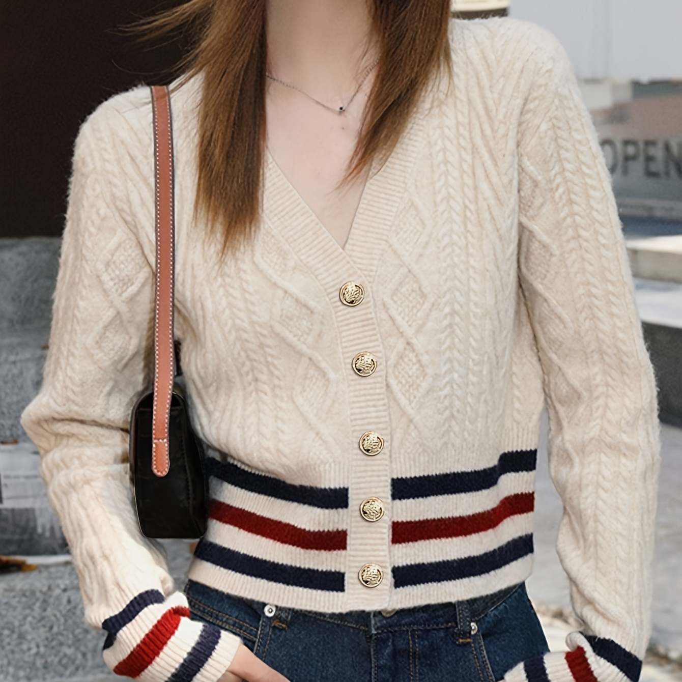 

Gilet boutonné à rayures sur le devant, cardigan polyvalent à col en V et manches longues, vêtements pour femmes.