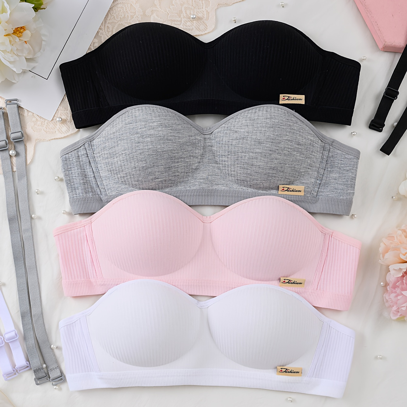 4pcs QIAOMANER Teen Girls' Bras - No Underwire, Adjustable Straps, Non-Removable Padded Cups, Medium Support Ribbed Design, 4 Colors (Black/Grey/Pink/White) for Ages 13-16, All-Season Comfort & Daily Wear, Comfortable Undergarment, Sleek Undergarment, Smooth Texture Fabric, Supportive Undergarment, Durable Construction, Young Children