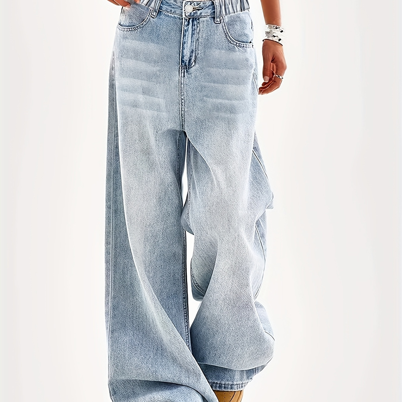 Teen & Young Girls Light Blue Washed Relaxed Fit Straight-Leg Jeans - Elastic Waist Casual Pants, Machine Washable Long Length Boyfriend Style for Casual Attire, Teen Casual Clothing | Boyfriend Jeans | Classic Blue Jeans