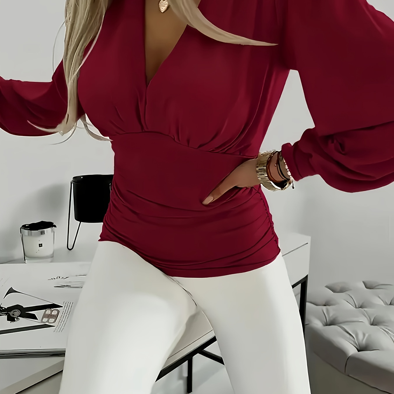 

Autumn And Winter Fashionable Blouse For Women- Solid Color, Pleated, Deep V-neck, Lantern Sleeve -, Trendy And Casual Wear For Women's All