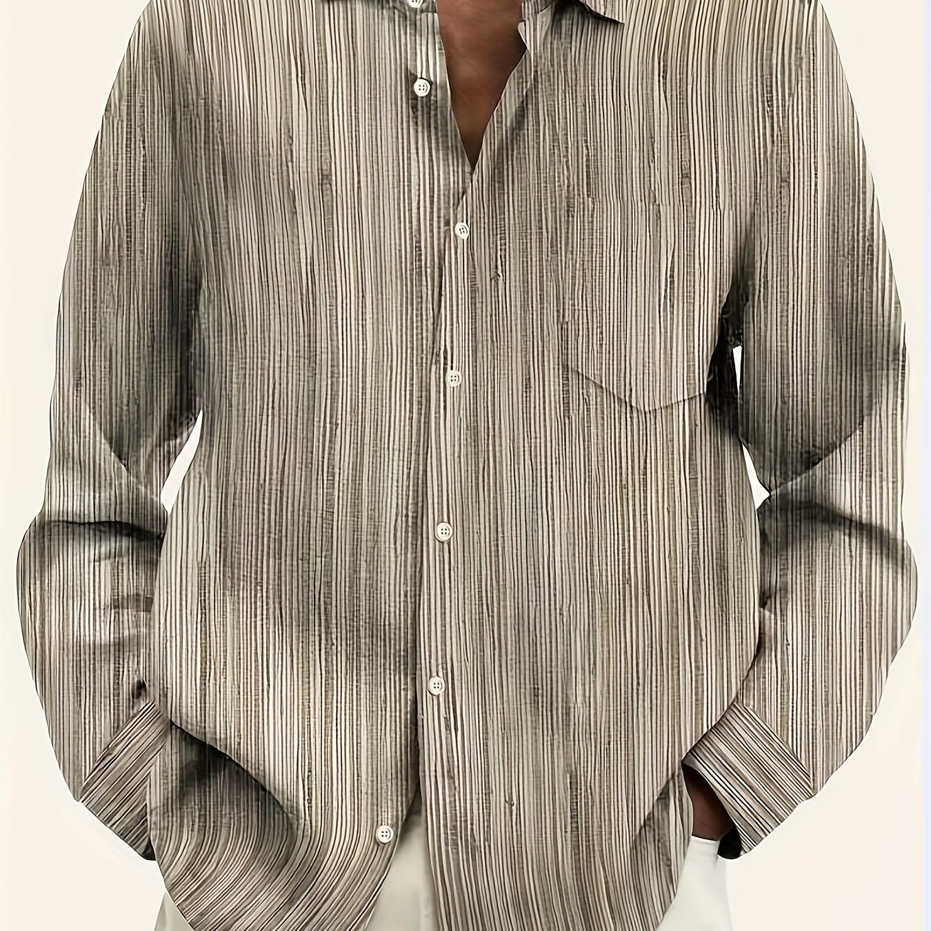 

Plus Size Men's Vintage Stripes Print Shirt For Spring/fall, Casual Long Sleeve Shirt