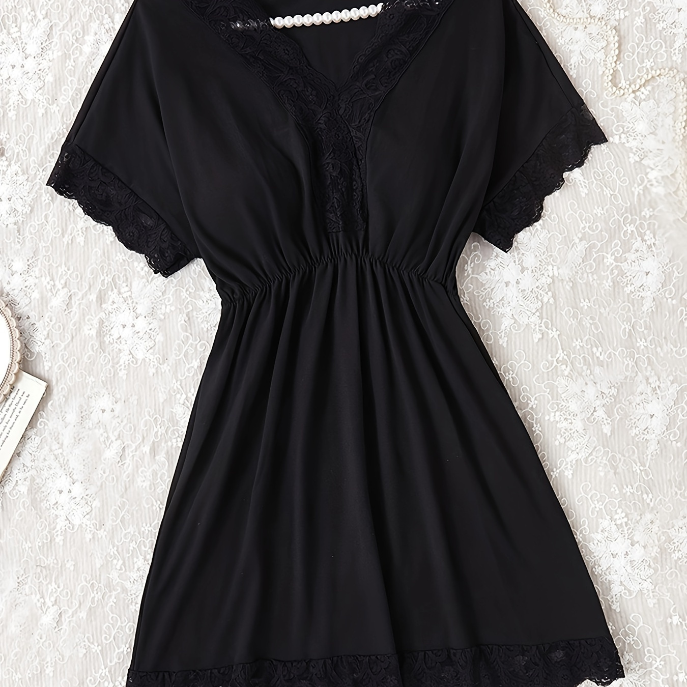 

Elegant V-neck Night Dress For Women With Lace - Polyester And Elastane , Short Sleeve, Solid Color, Knit Fabric Sleepshirt For All