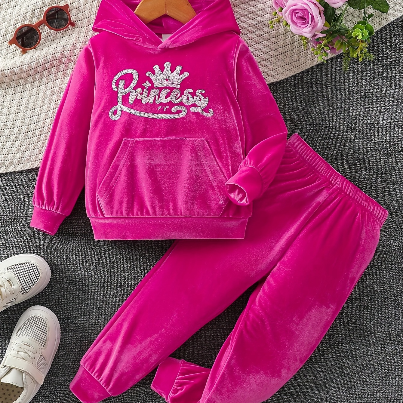 TEMU Princess Pattern Velvet 2pcs/set For Girls, Long Sleeve Hoodie + Jogger Trousers 2-piece Fashion & Cute Winter/ Fall Outfit