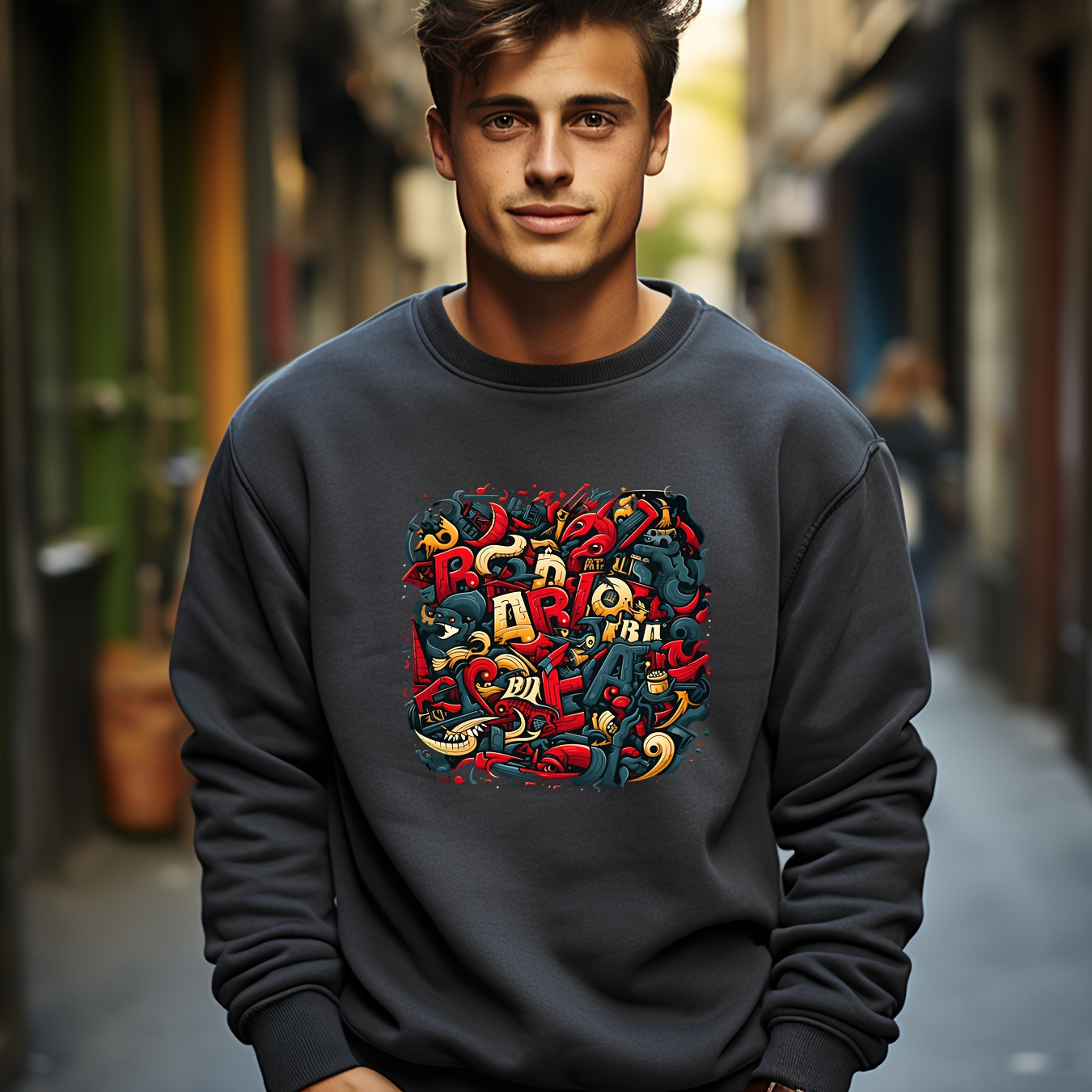 Sudadera Con Cuello Redondo Y Manga Larga De Estiramiento Medio Para Hombre  Con Estampado De Corazón En La Letra H Elegante, Ropa Casual, Ropa De Hombre, Servicio Al Cliente 24/7