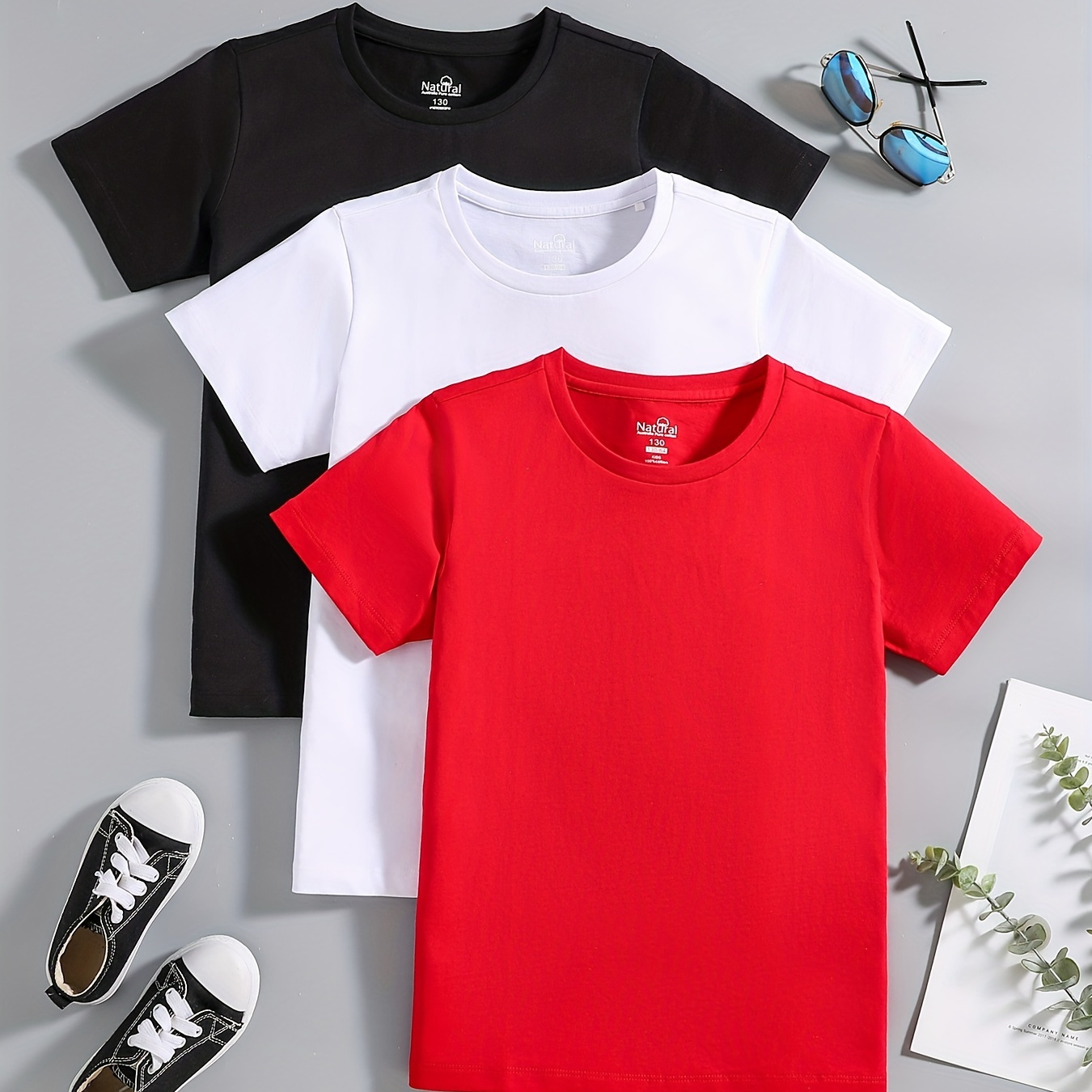 3pcs Boys Solid Creative T-shirt, Casual Lightweight Comfy Short Sleeve Tee Tops, Kids Clothings For Summer