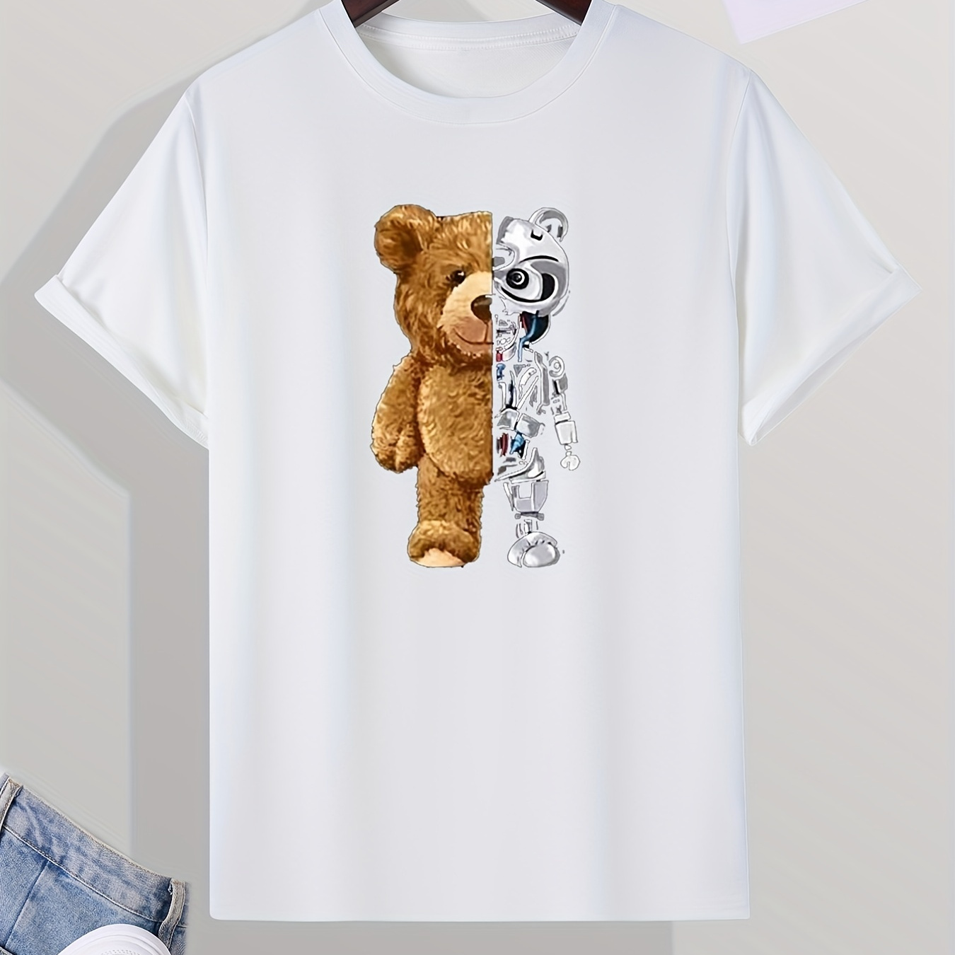 

Men's Casual Robotic Bear Graphic Print T-shirt, Trendy Round Neck Tee For Summer