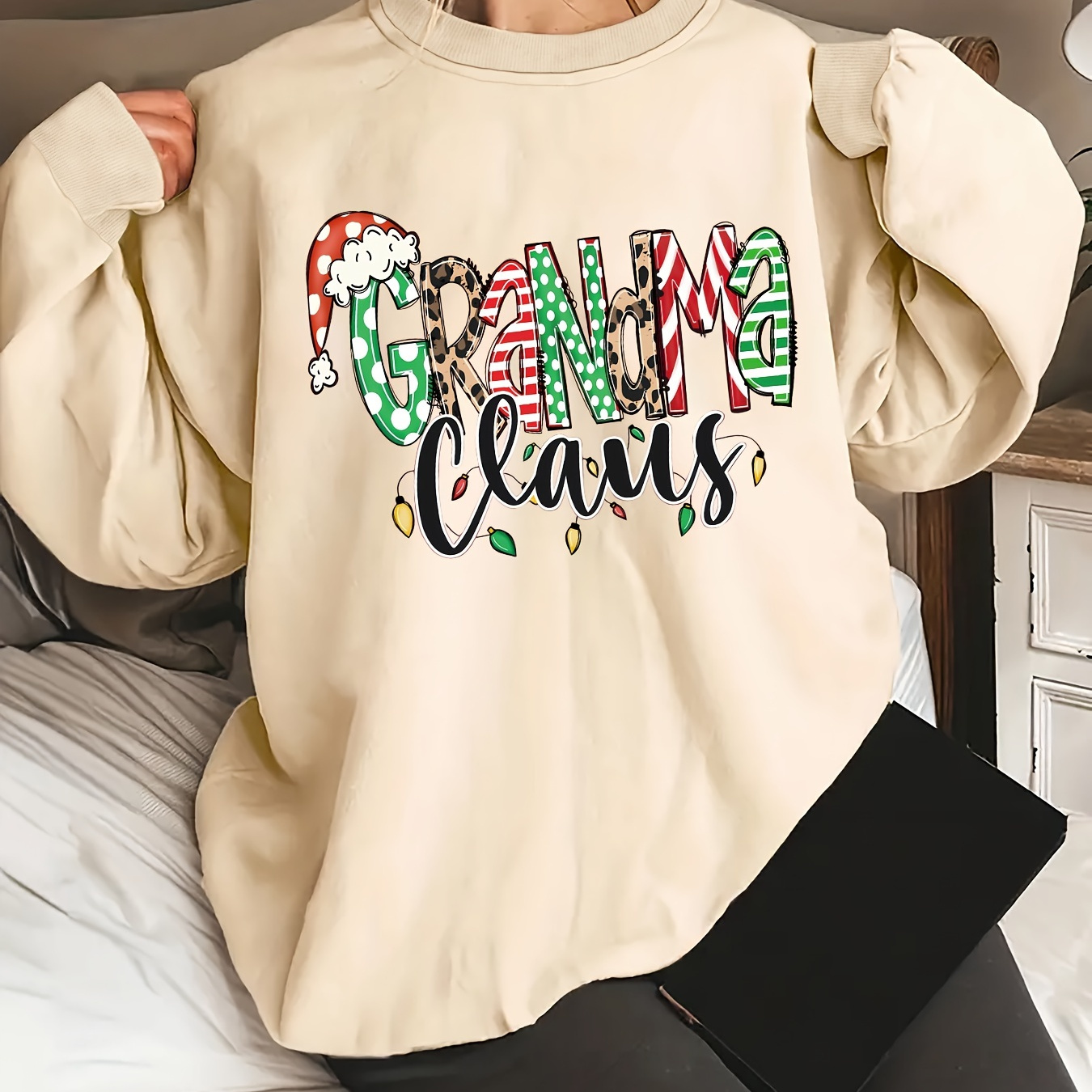 

Women's Casual Crew Neck Long Sleeve Christmas Sweatshirt With "" Letter Print, 100% Polyester Knit Fabric - Top