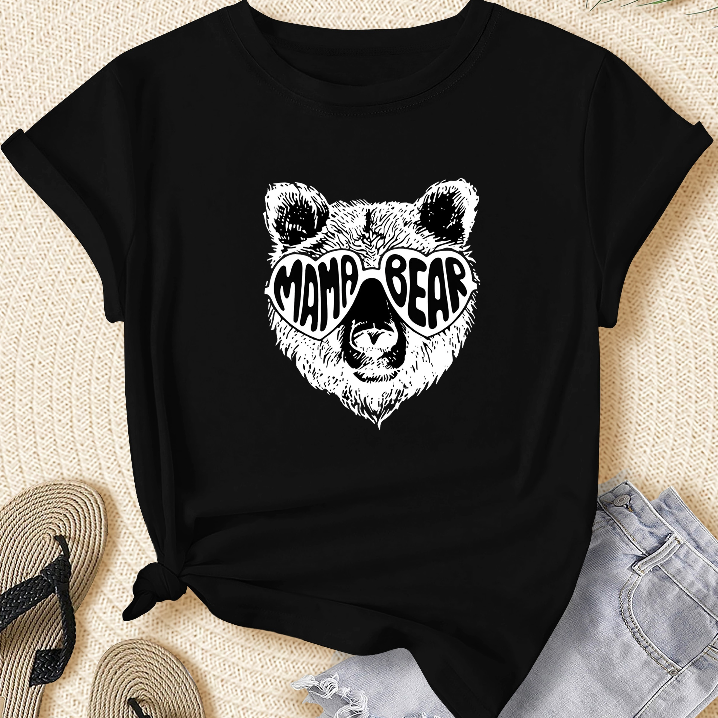 

Women's Plus Size Casual Sporty T-shirt, Mama Bear Print, Comfort Fit Short Sleeve Tee, Fashion Breathable Casual Top