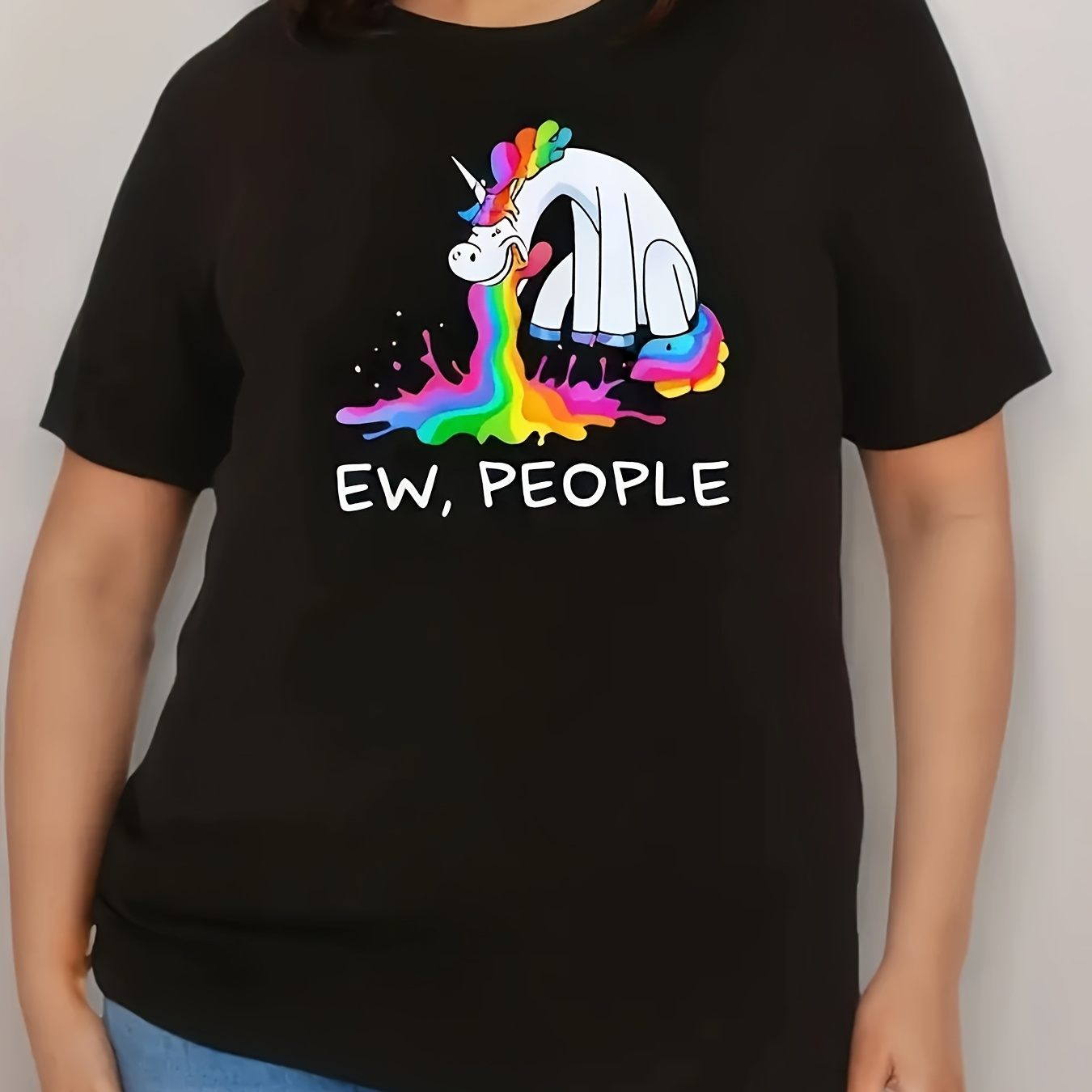 

Plus Size Unicorn Graphic T-shirt - Women's Casual Crew Neck Short Sleeve Tee, Black Polyester Blend With Slight Stretch, Humorous "ew, People" Print, All Season Comfort Knit, 95% Polyester 5% Cotton