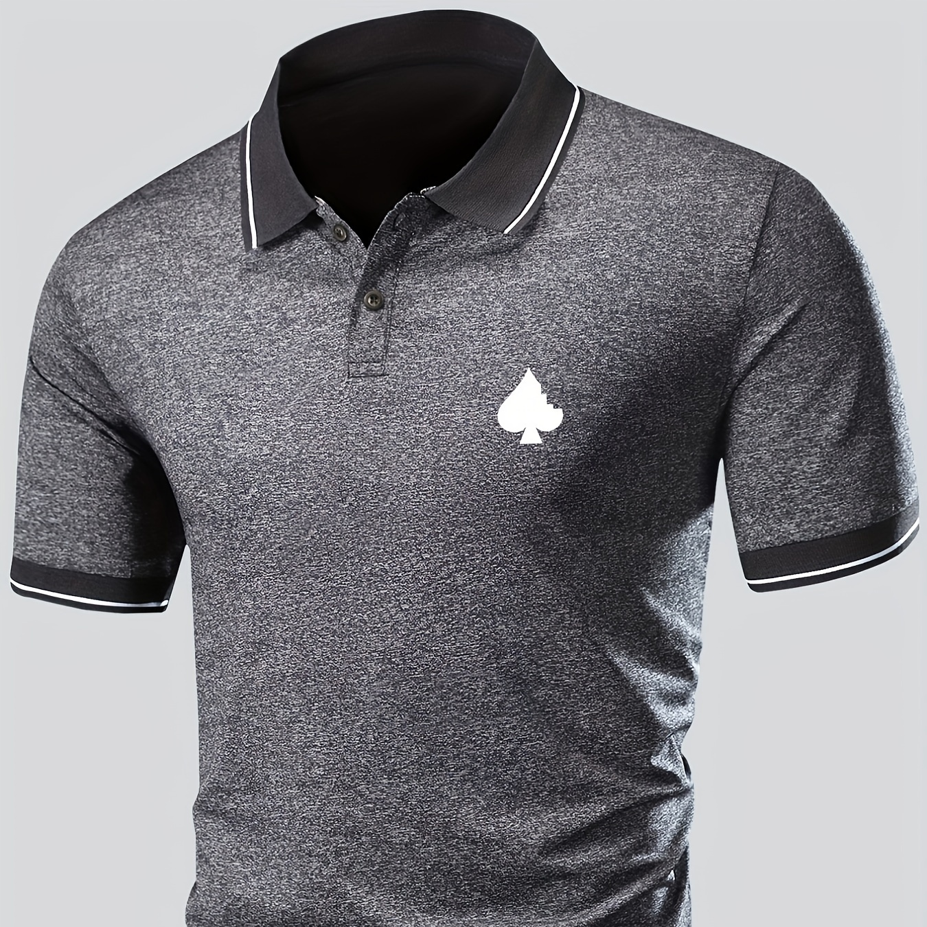 

Poker Symbol Spade Print Men's Casual Button Up Short Sleeve Lightweight Polo Shirt, Men's Polo For Summer, Tops For Men