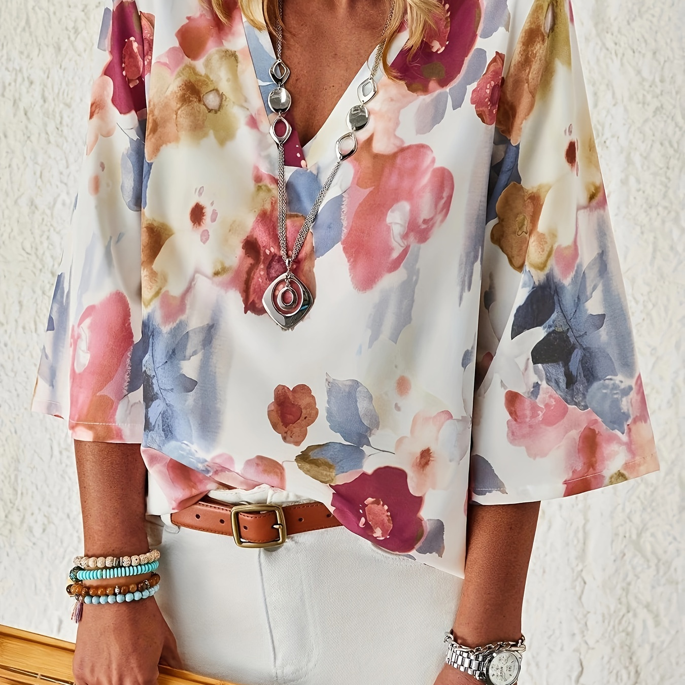 

Floral Print V Neck Blouse, Vacation Vibes 3/4 Sleeve Top For Spring & Falll, Women's Clothing