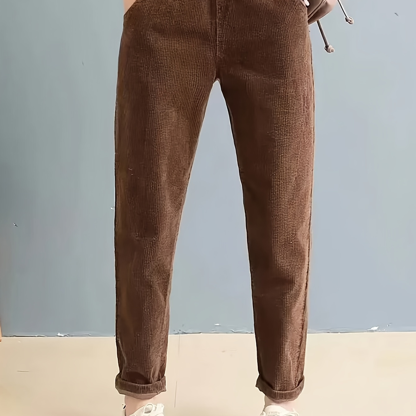 

Plus Size High Waist Corduroy Pants, Elegant Slim Pants With Pocket, Women's Plus Size Clothing