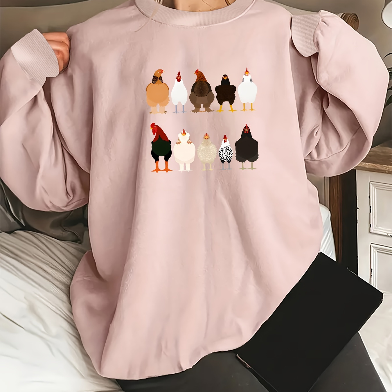 

Plus Size Casual Sweatshirt, Women's Plus Chicken Print Long Sleeve Round Neck Sweatshirt