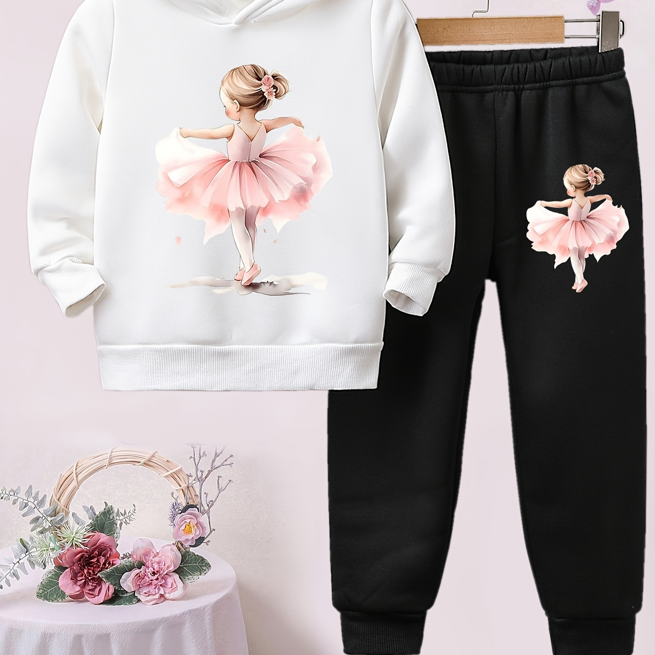 

1 Set Royal Girls' Cartoon Ballerina Hoodie And Pants Set, Long Sleeve Pullover With Rib-knit Cuffs, Casual Polyester Outfit With Stretch, Spring/fall Collection, For Outdoor