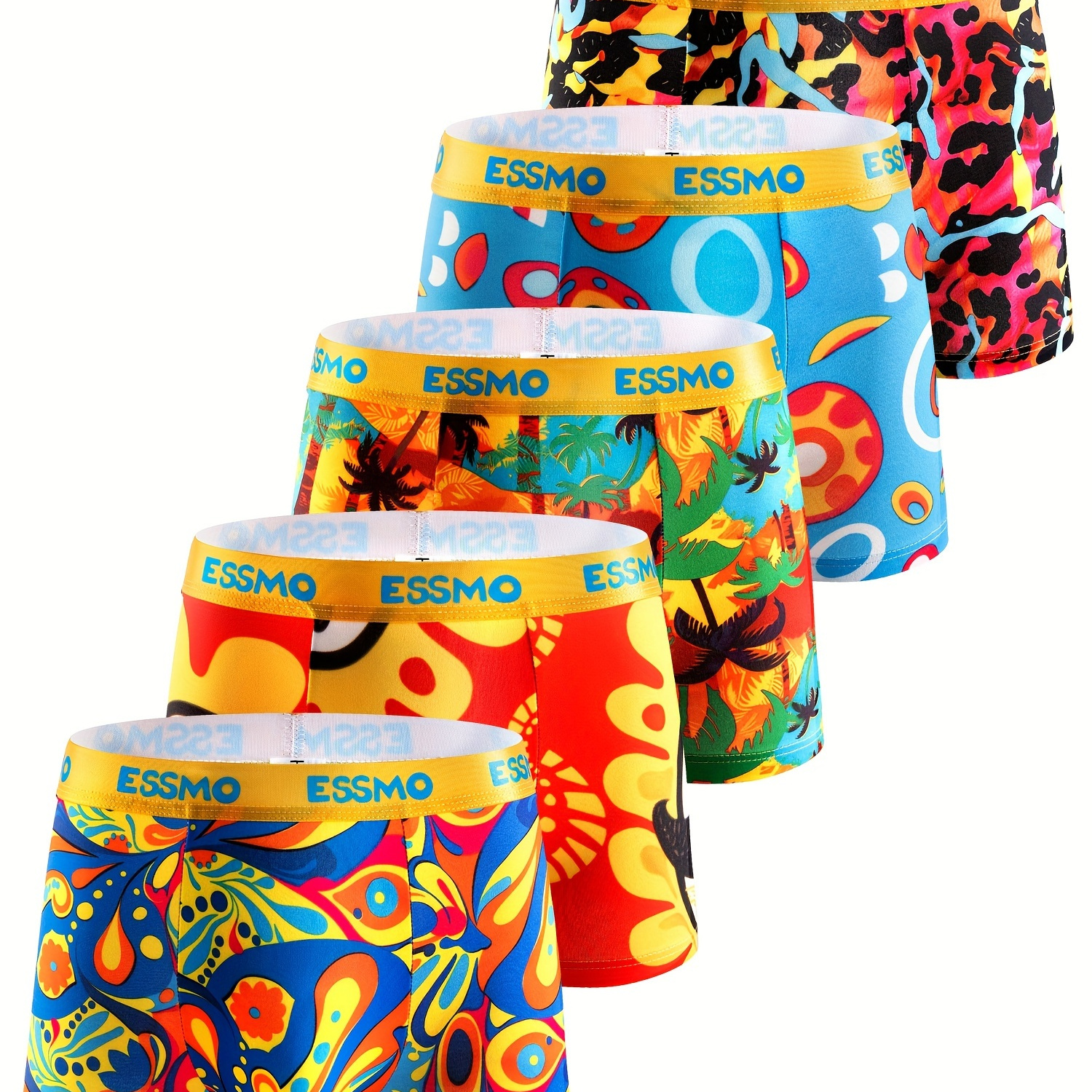 

5pcs Esmoy Geometric & Tropical Print Men's Boxer Briefs - Stretchy, Breathable Polyester With Elastane, Machine Washable, Vibrant Fit Underwear For Youth