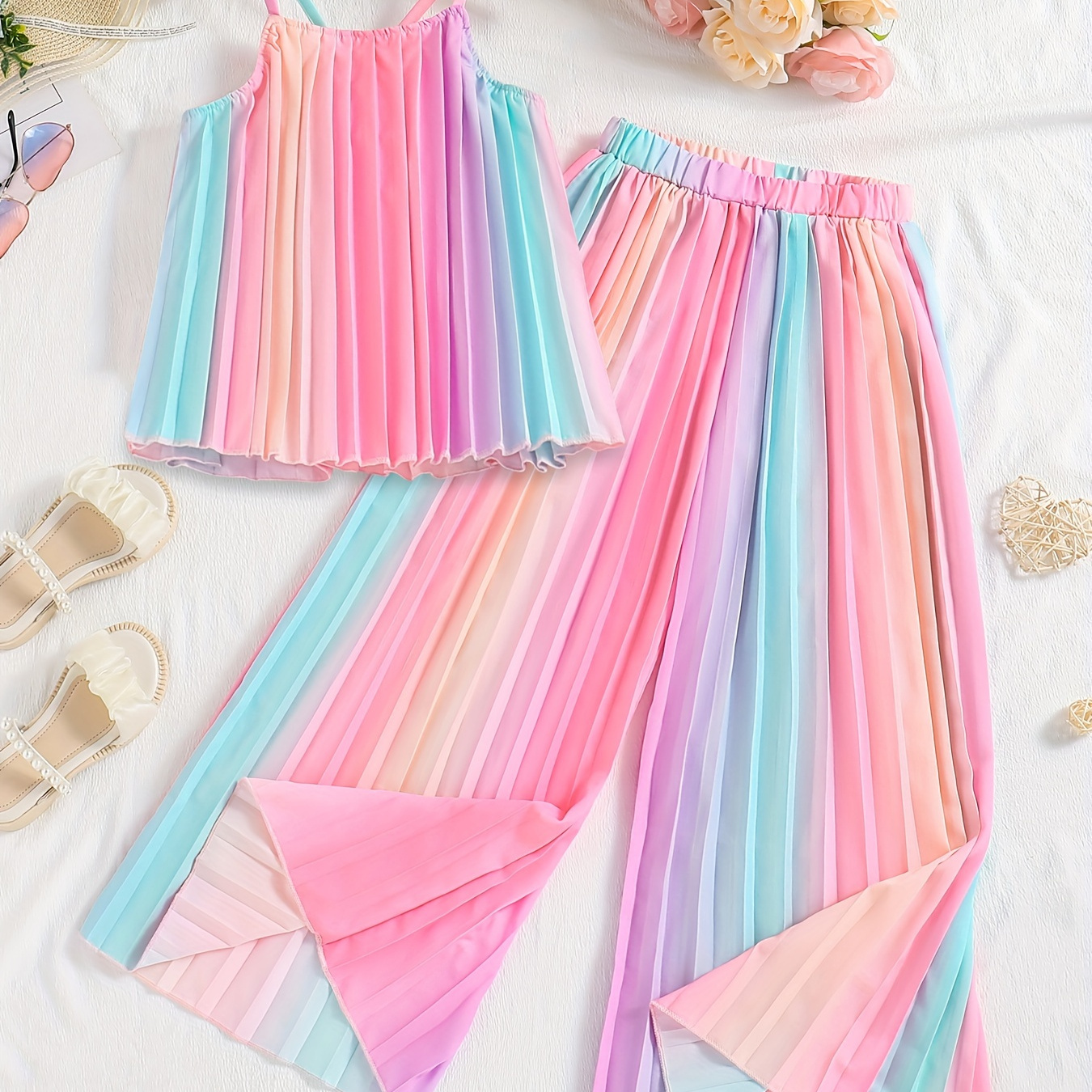 

2pcs, Gradient Color Print Pleated Cami Top + Wide Leg Pants Set For Girls, Comfy And Trendy Summer Gift, Fluid Pants