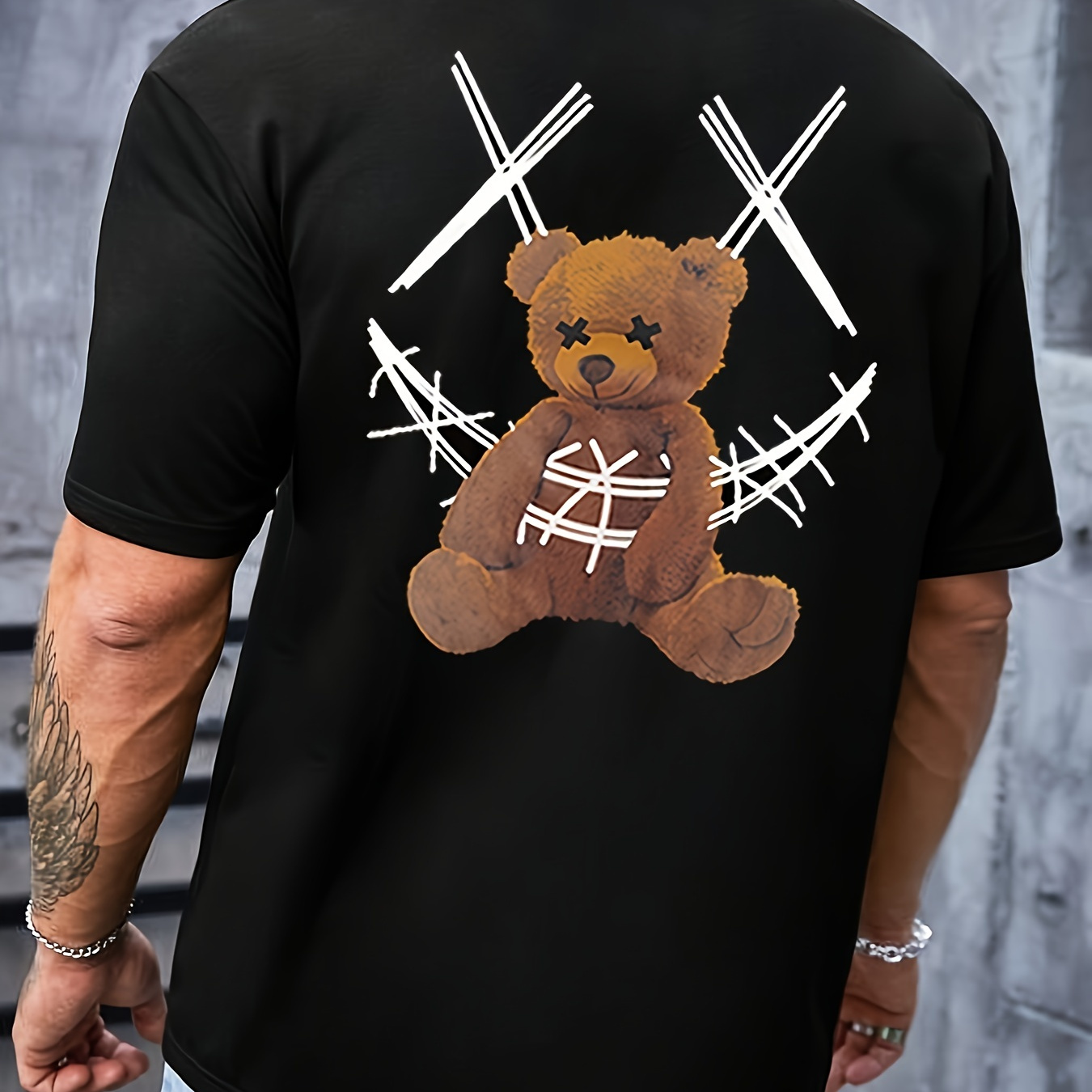 Men's Teddy Bear And Evil Smiling Face Pattern Crew Neck And Short Sleeve T-shirt, Novel And Cool Tops For Summer Street Wear