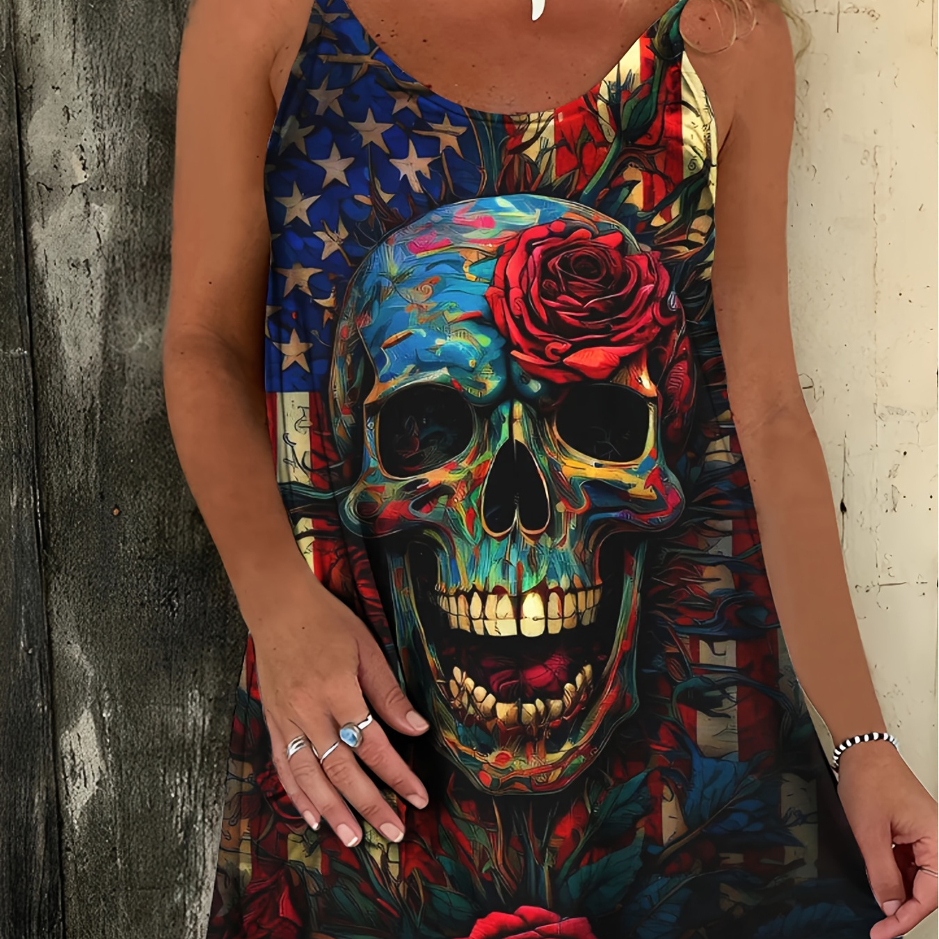 

Plus Size Independence Day Skull Print Cami Dress, Casual Crew Neck Lace Up Strap Dress For Spring & Summer, Women's Plus Size Clothing