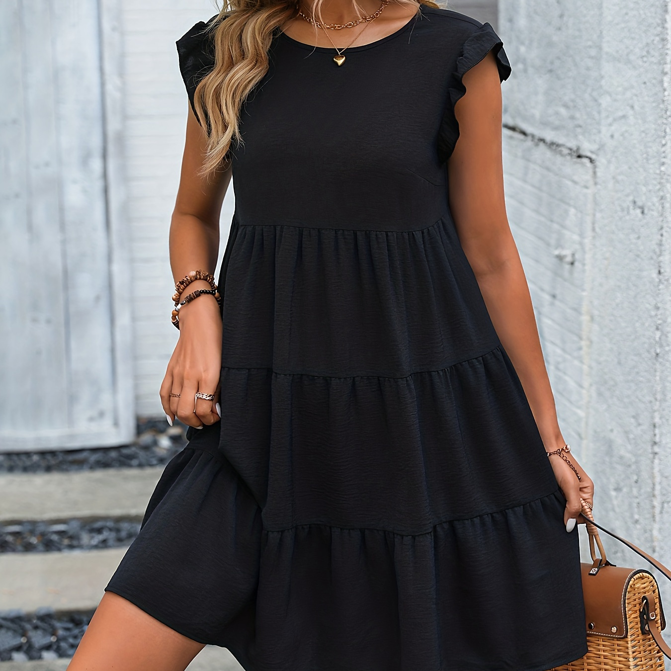 

Versatile Ruffle Sleeve Dress, Casual Crew Neck Ruched Dress For Spring & Summer, Women's Clothing