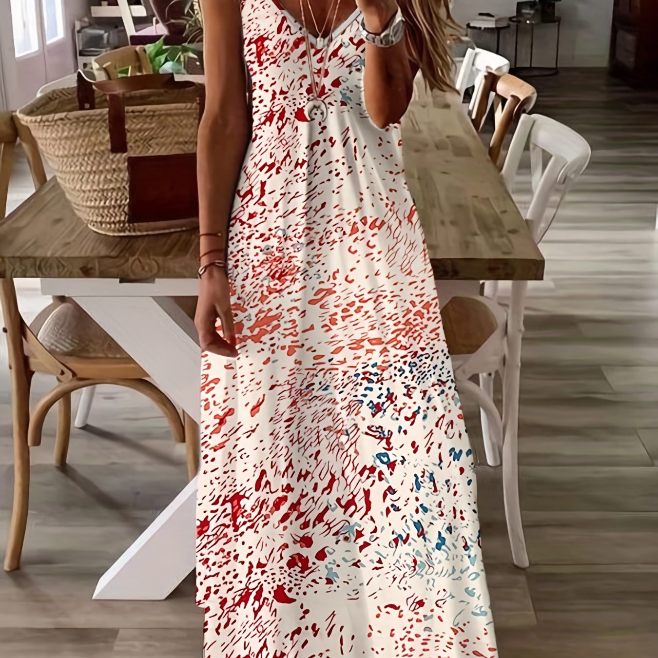

Abstract Print Cami Dress, Casual Sleeveless V Neck Maxi Dress, Women's Clothing