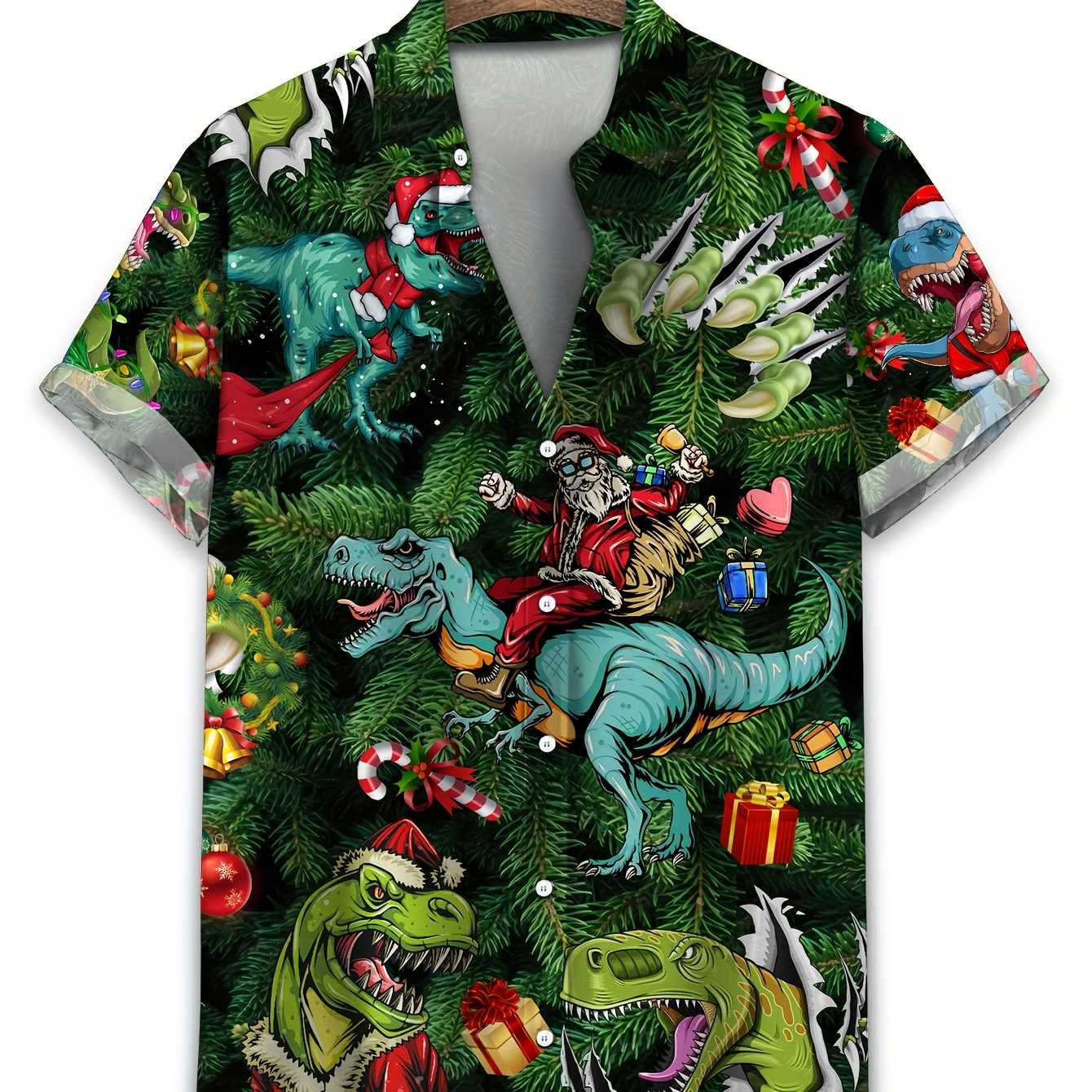 

Plus Size Men's Polyester Hawaiian Shirt - Casual Fashion Lapel Button-down With Unique Santa & Dinosaur Christmas Print | Non-stretch Woven Fabric For Spring/summer/fall