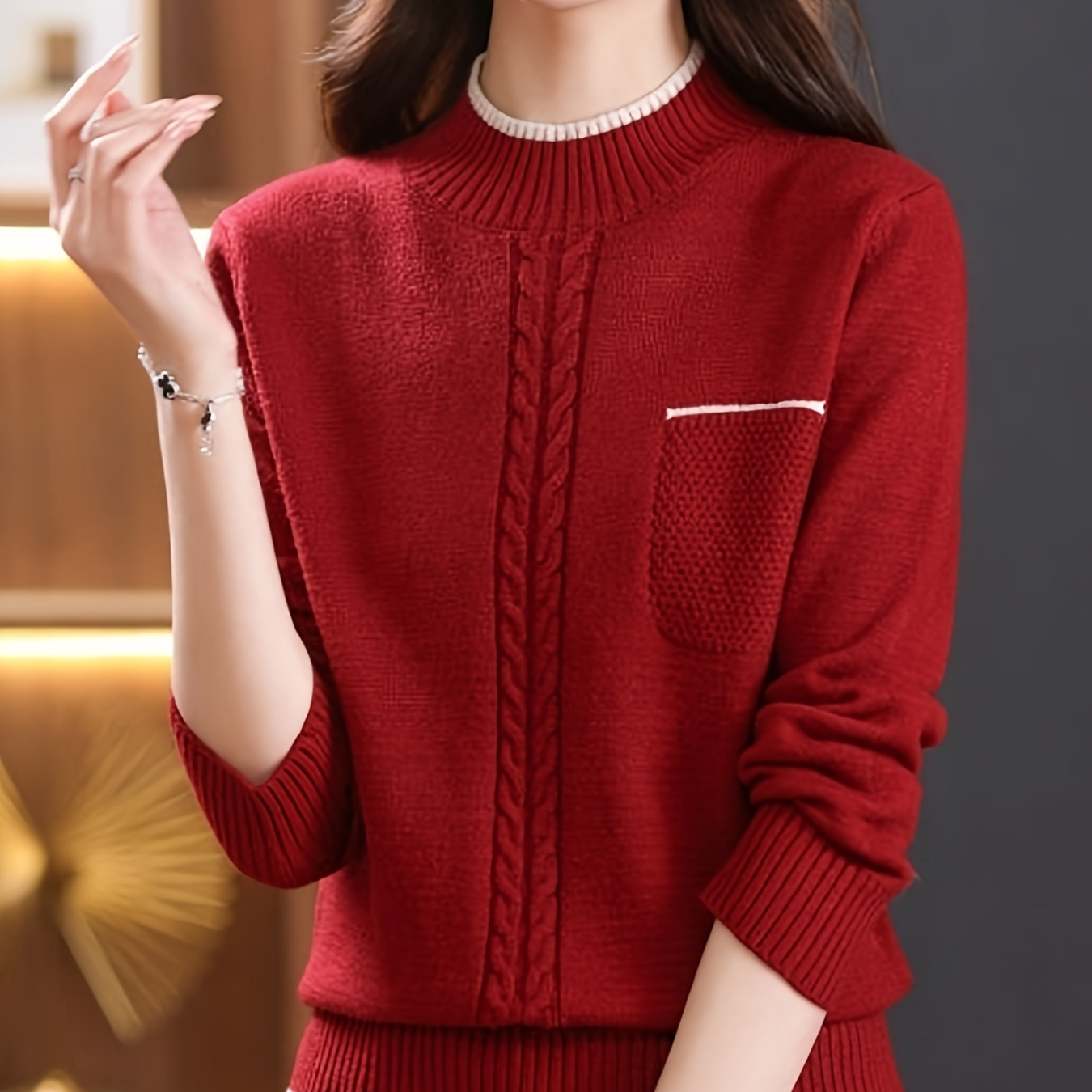 

Contrast Trim Mock Neck Sweater, Stylish Long Sleeve Sweater For Fall & Winter, Women's Clothing