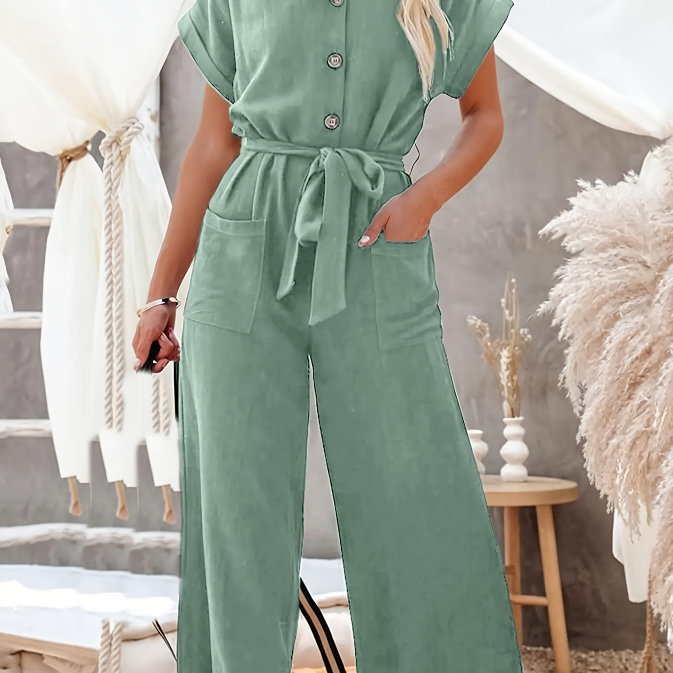 

Solid Color Fake Buttons V-neck Jumpsuit, Casual Short Sleeve Tie Waist Wide Leg Jumpsuit For Spring & Summer, Women's Clothing