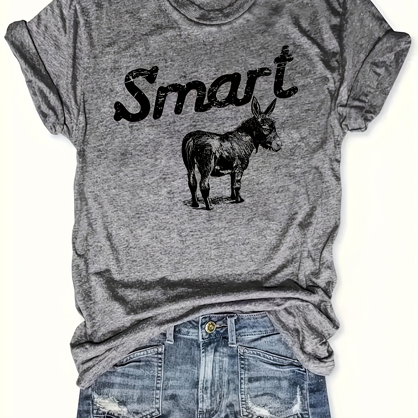 

Smart Donkey Graphic Short Sleeve T-shirt, Round Neck Sports Running Casual Top, Women's Activewear