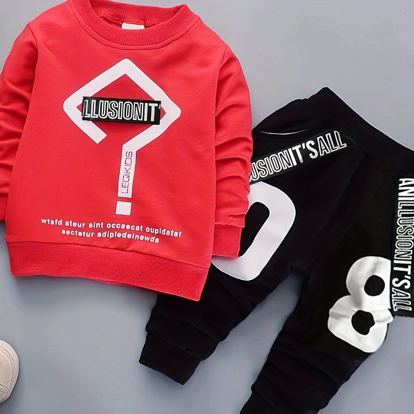 

Boys Question Mark Print Long Sleeve Casual Round Neck Sweatshirt & Pants Set, Kids Trendy Street Casual Style Outfit