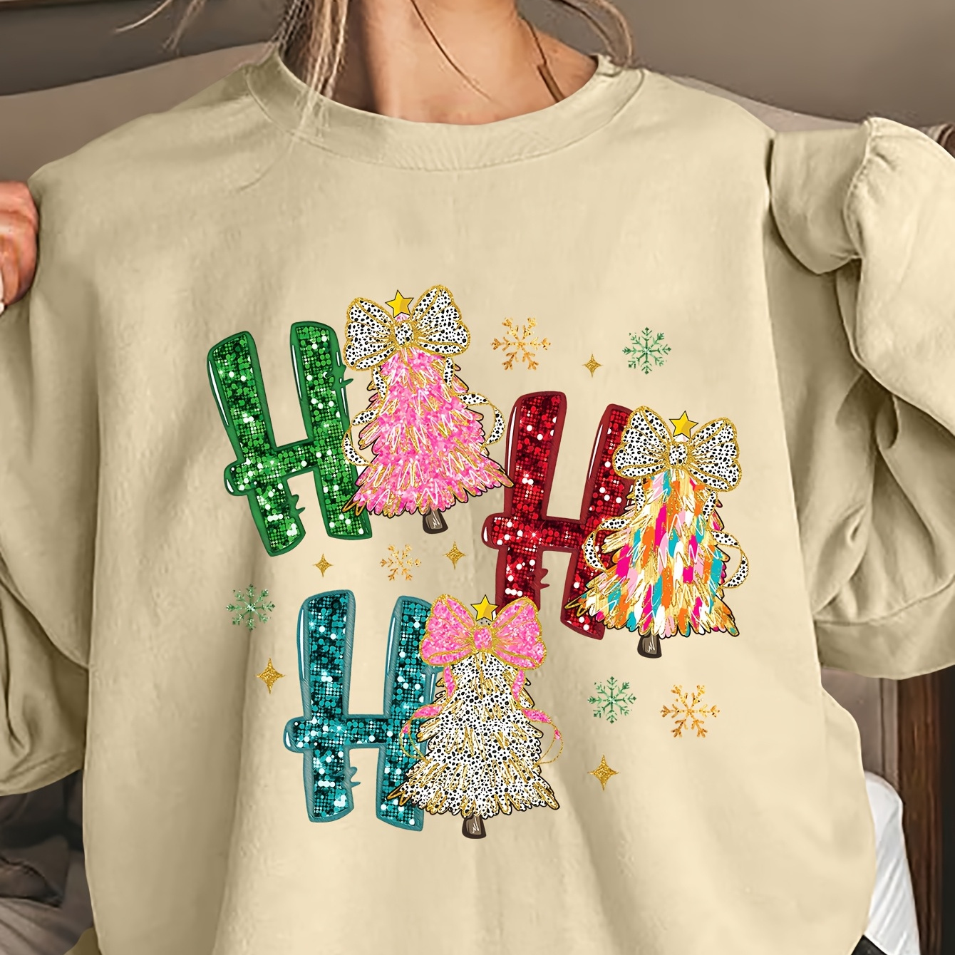 

Christmas Tree Print Sweatshirt, Casual Long Sleeve Crew Neck Sweatshirt For Spring & Fall, Women's Clothing