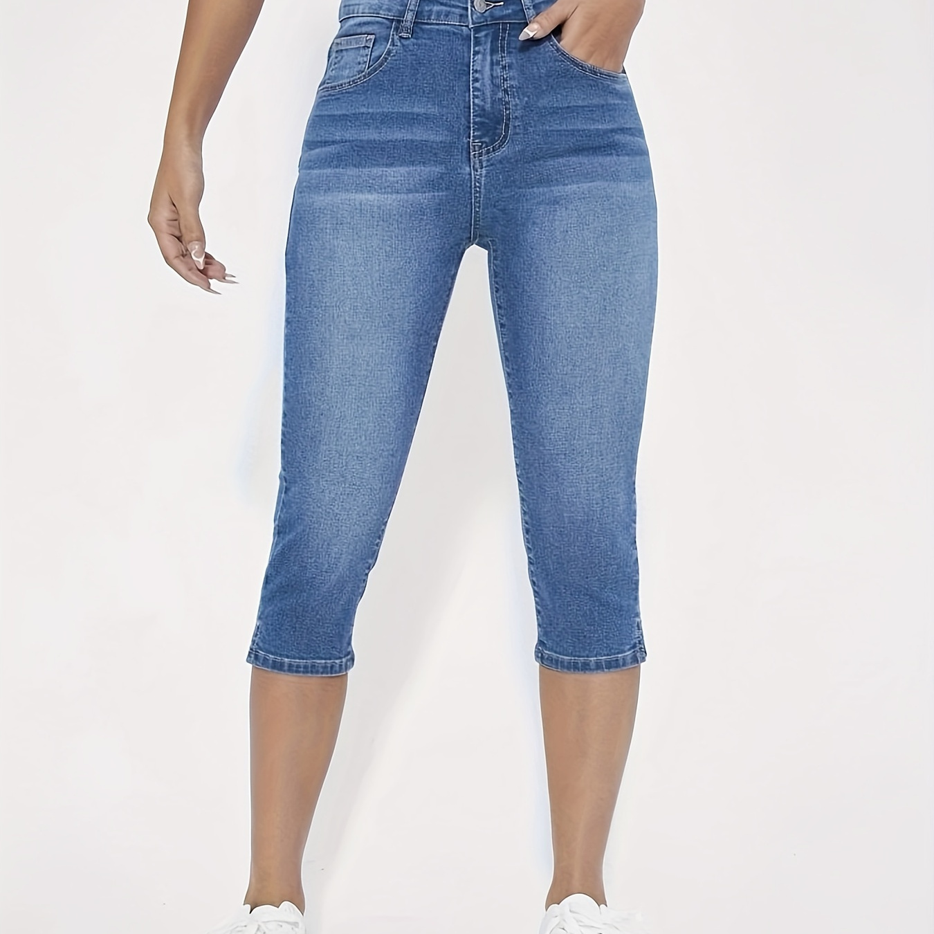 

Split Side Whiskering Capri Jeans, Washed Blue Slash Pocket Casual Denim Pants, Women's Denim Jeans & Clothing
