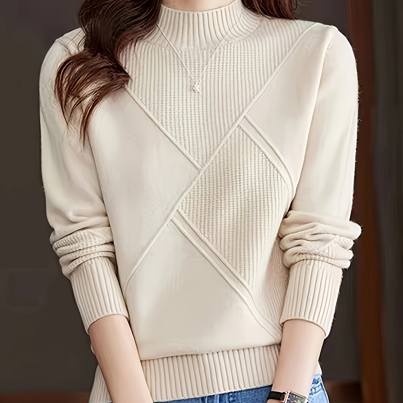 

Solid Color Mock Neck Sweater, Stylish Long Sleeve Sweater For Fall & Winter, Women's Clothing