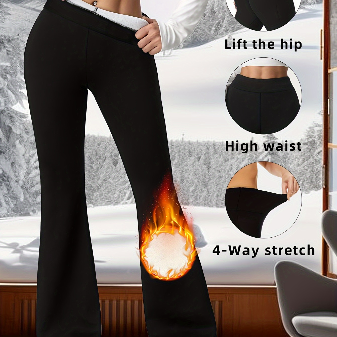 

Leggings Évasés Doublés en à Taille Haute pour Femmes - du Ventre, Lifting des Fesses, Pantalons de Yoga Extensibles, Noir Uni, Mélange Polyester/Élasthanne