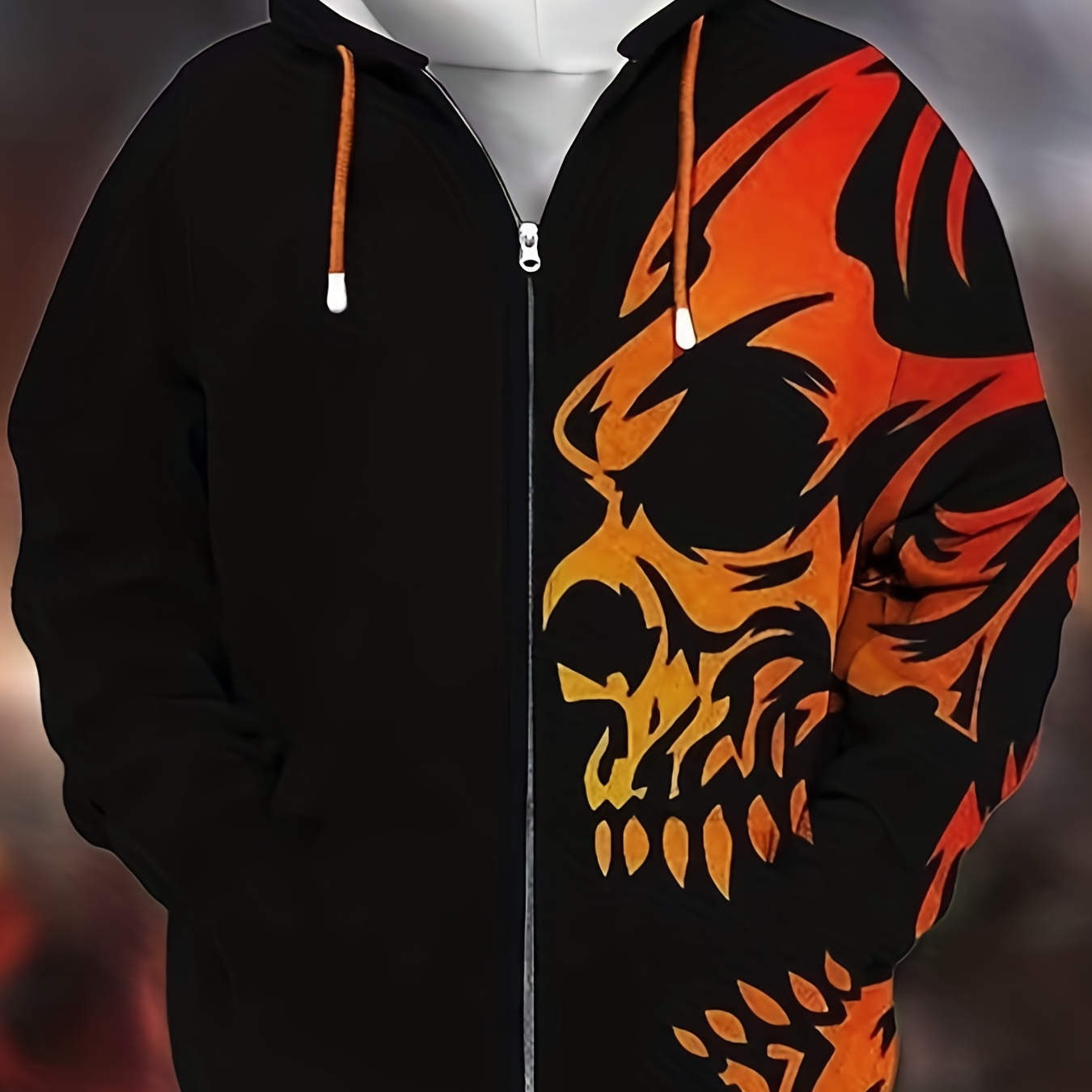 

Plus Size Men's Halloween Skull Print Hooded Jacket Oversized Hoodie With Zipper For Autumn/winter, Men's Clothing