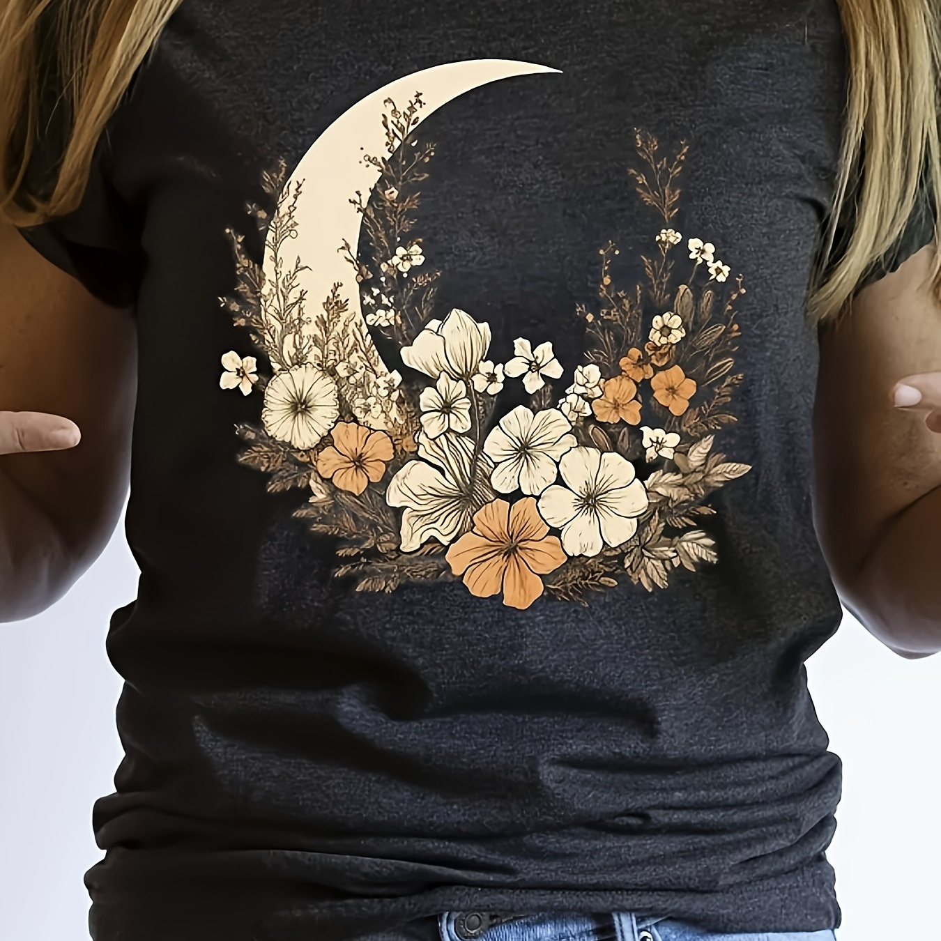 

Women's And Moon Print Tee - Comfy, Casual Short Sleeve Crew Neck T-shirt For Wear & Stylish Layering