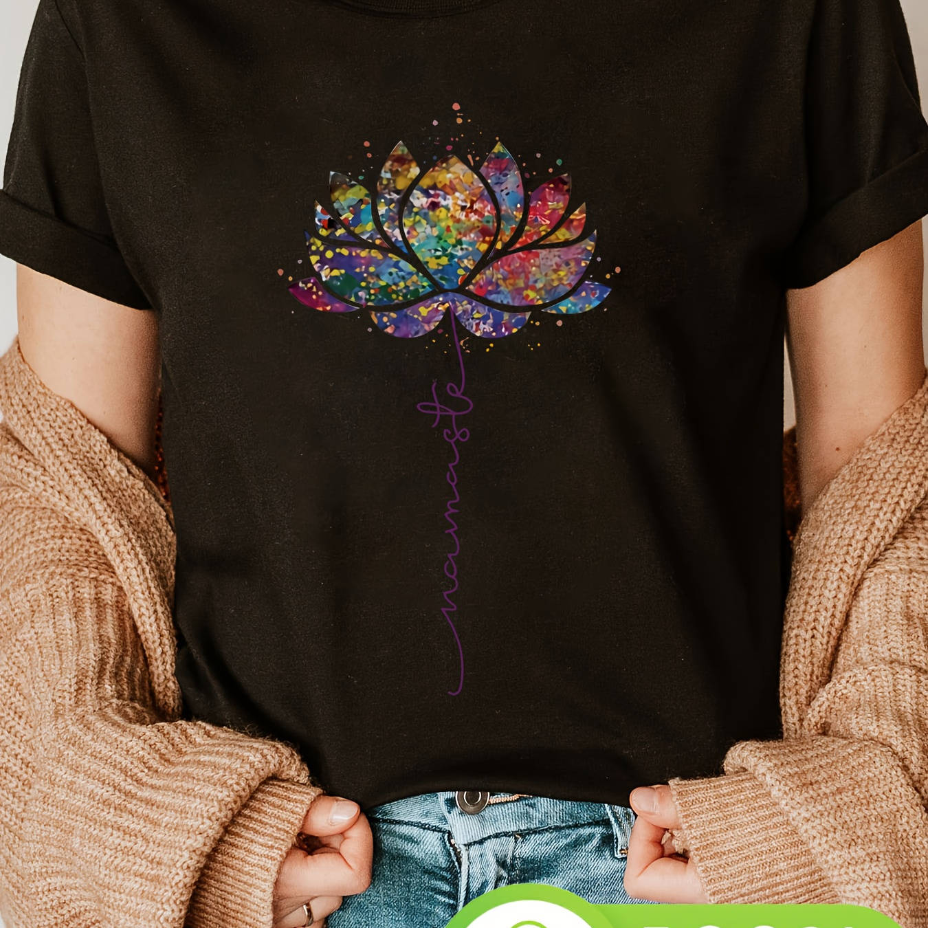 

Lotus Print T-shirt, Short Sleeve Crew Neck Casual Top For Summer & Spring, Women's Clothing