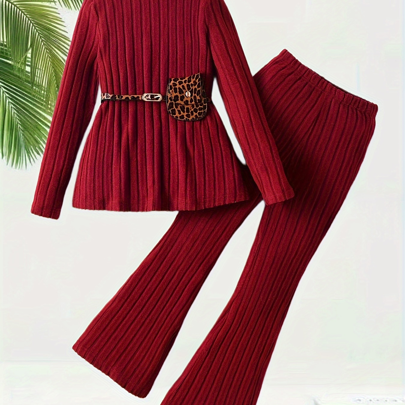 

2pcs Girls Elegant Turtleneck Long Sleeve Top (without Belt Bag) + Flare Pants Set Spring Fall Christmas Gift
