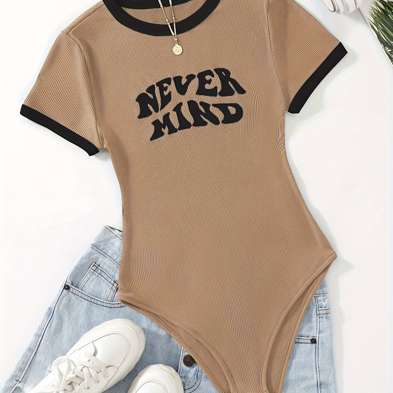 

Contrast Trim Letter Print Bodysuit, Casual Crew Neck Short Sleeve Bodysuit, Women's Clothing