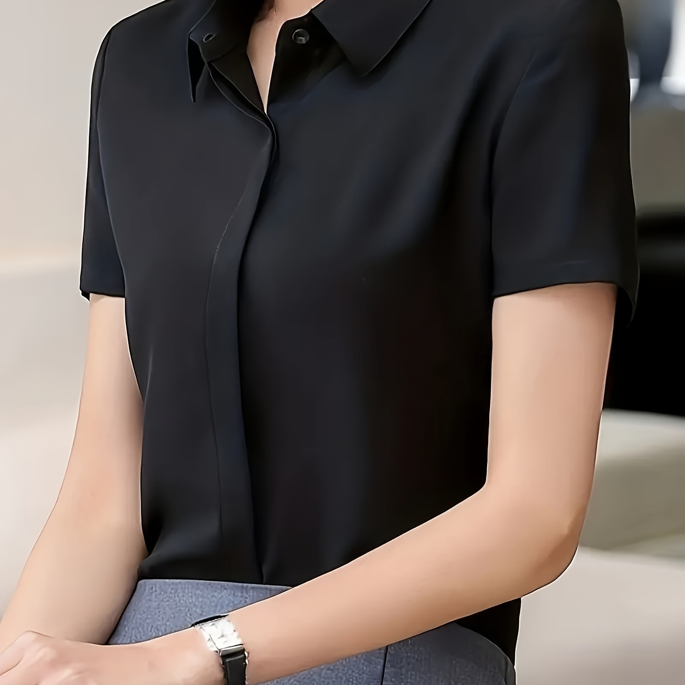 

Elegant Black Short Sleeve Blouse For Women - Professional & Formal Solid Color Button-up Shirt, 100% Polyester, Non-sheer With Smooth Texture, Ideal For Work & Social Events