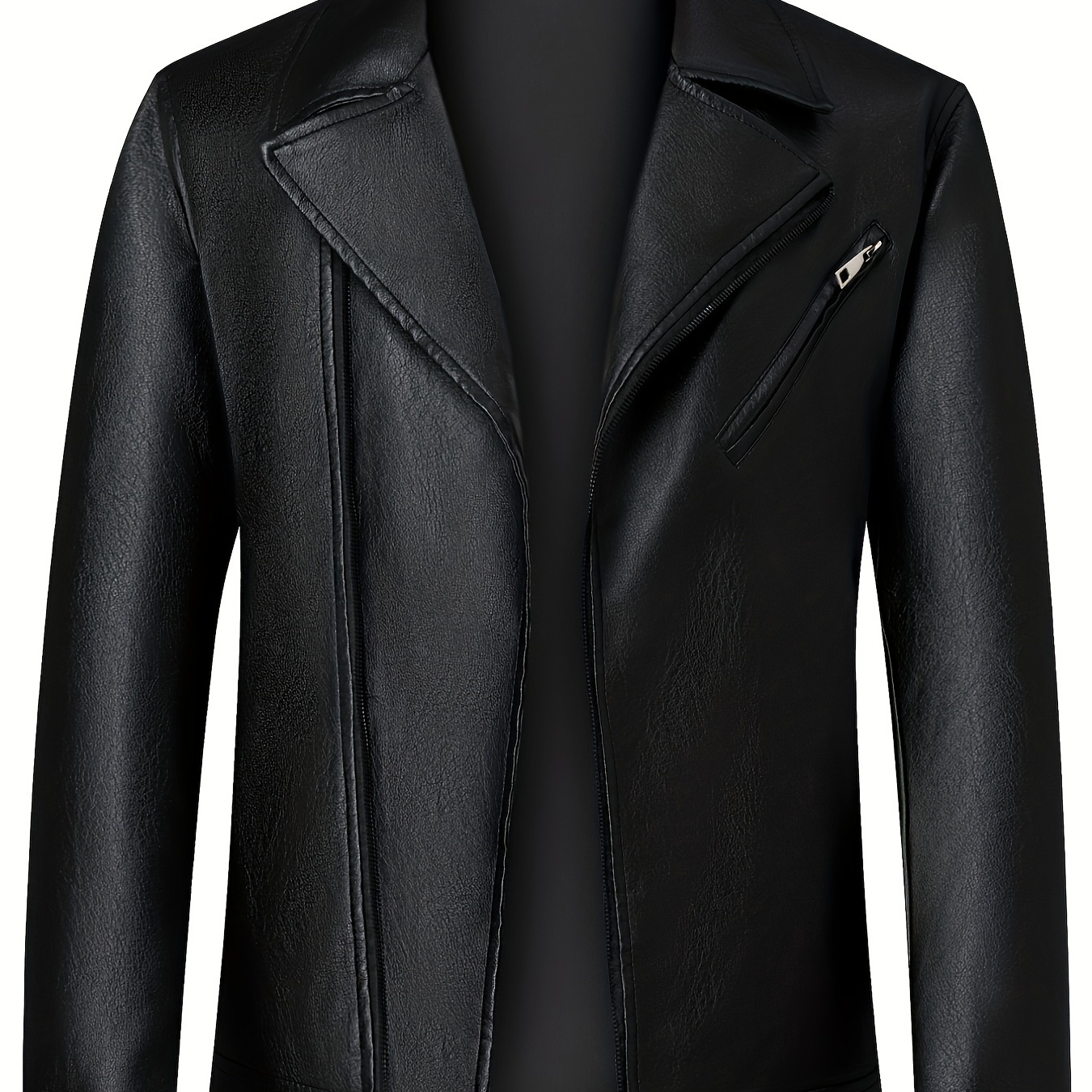 Chic PU Biker Jacket, Men's Casual Solid Color Zip Up Lapel Faux Leather Jacket For Spring Fall