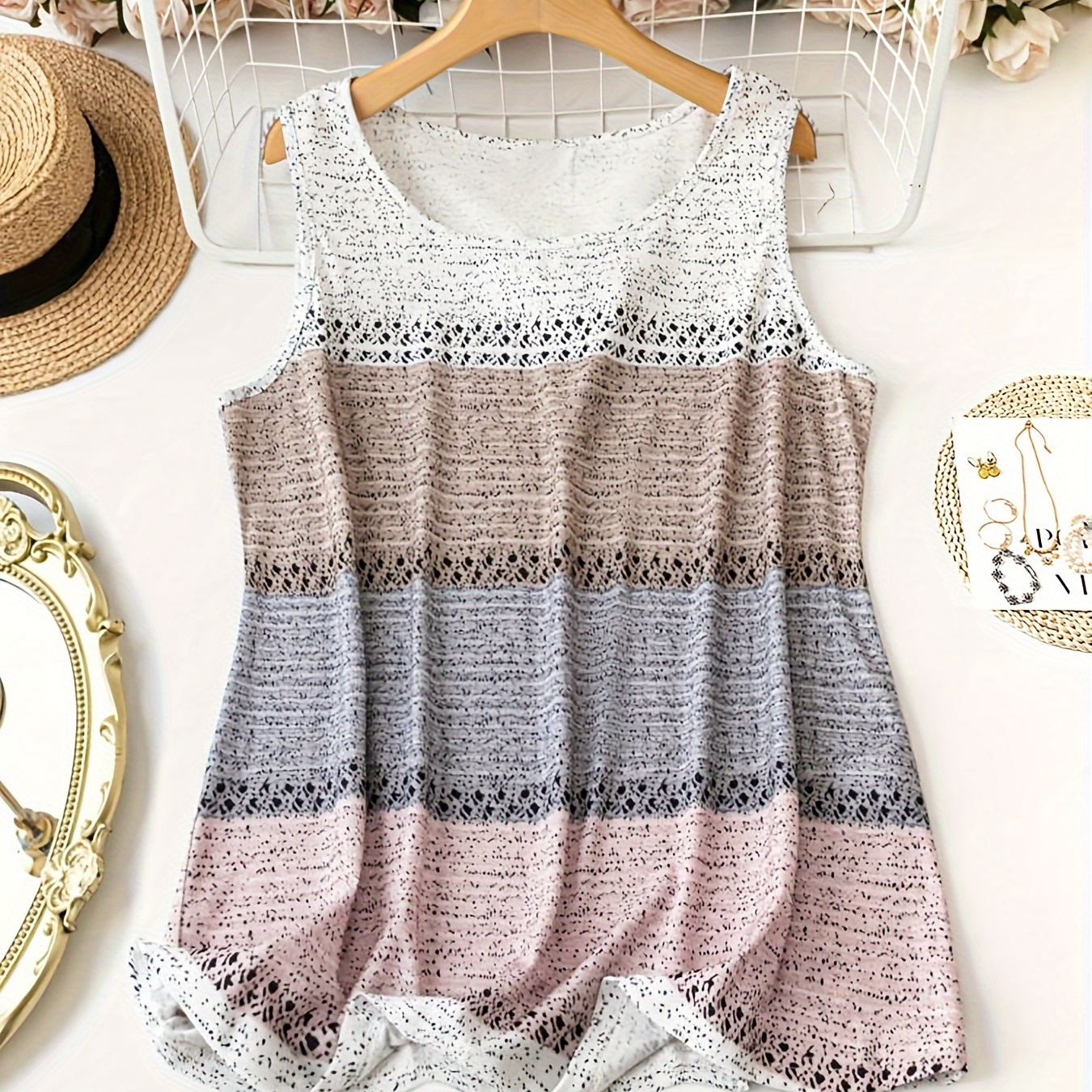 

Plus Size Stripe Print Lace Stitching Tank Top, Casual Crew Neck Sleeveless Top For Summer, Women's Plus Size Clothing