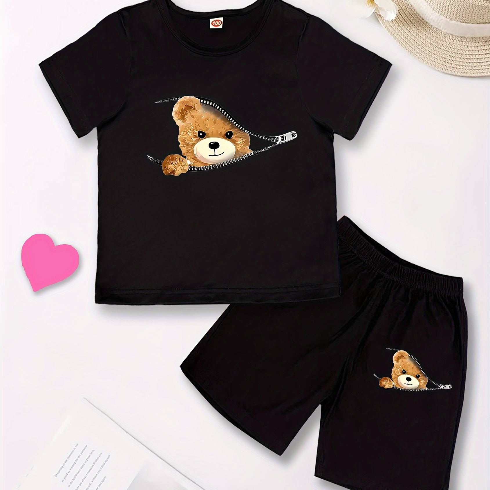 

Dramatic Bear Print 2pcs Girl's Outfit, Short Sleeve Top + Shorts Set, Casual Cute Girls Summer Clothes