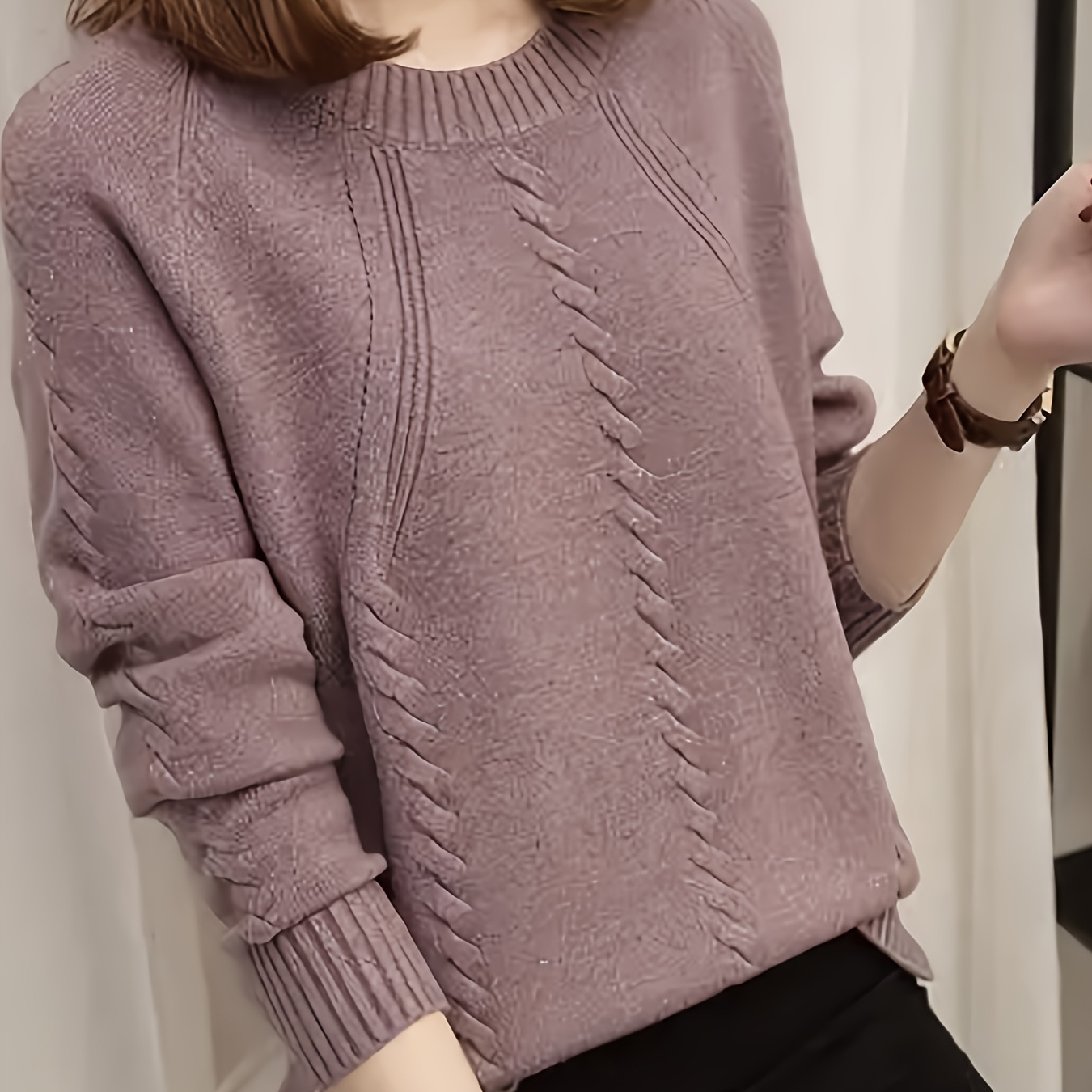 

[customer ] Chic Solid Color Crew Neck Sweater For Women - Casual Long Sleeve Knit Pullover, Fall & Winter, Machine Washable