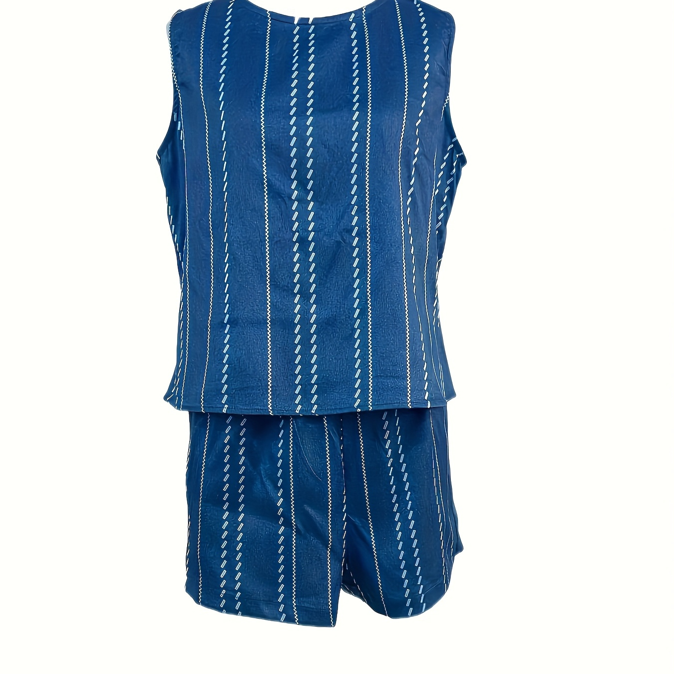 

1set Women's Casual Sleeveless Tank Top And Shorts Set, Geometric Pattern, Round Neck, Polyester, Woven Fabric, For Spring/summer Collection