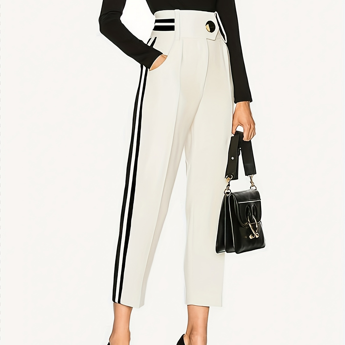 

Women's Elegant High-waist Trousers With Detail - Polyester, Machine Washable, Chic Contrast Side Stripe, Ideal For Office Or Casual Wear, Office Wear Trousers||