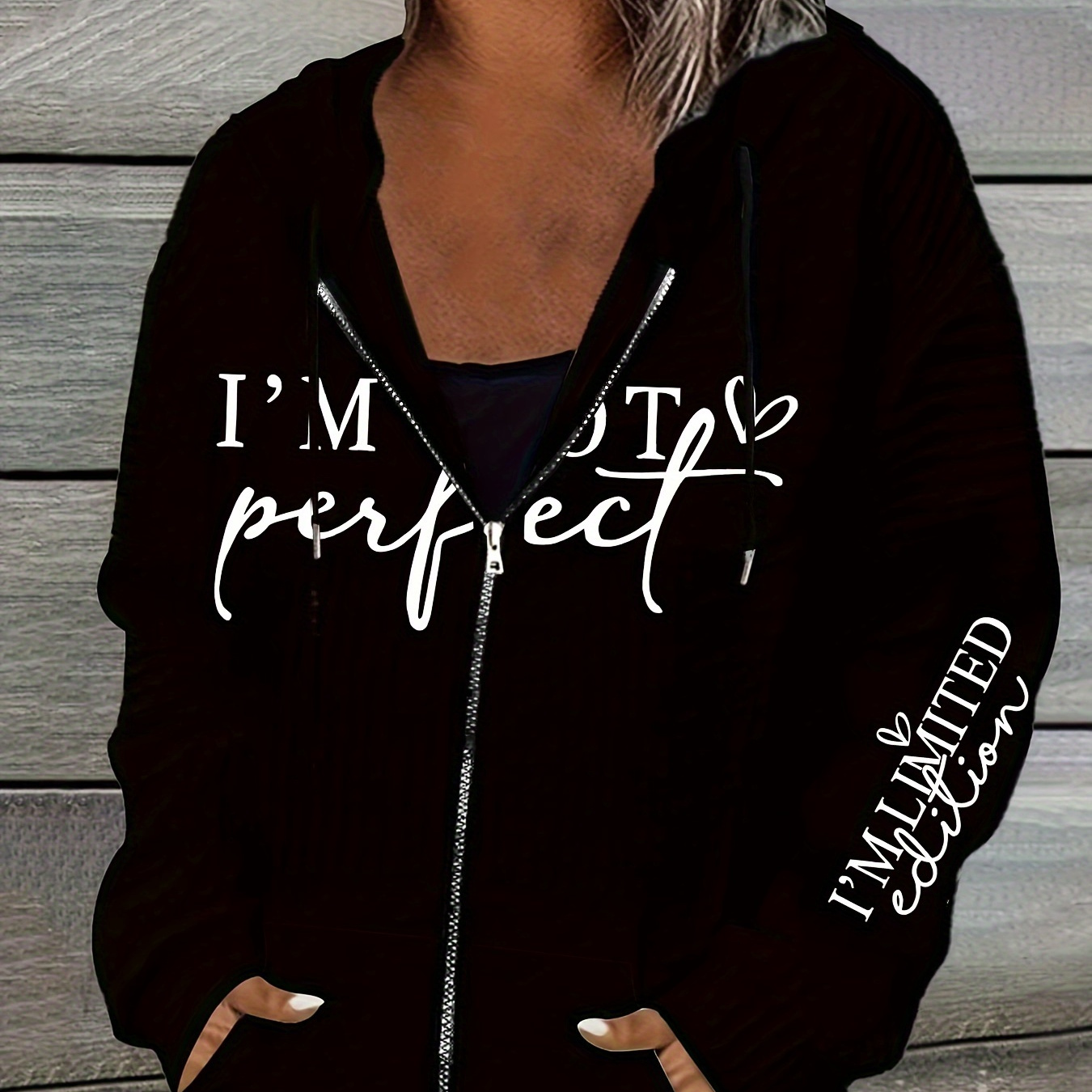 

Women's Casual Black Zip-up Hoodie With " Perfect" Print - Long Sleeve, Polyester, Machine Washable, Ideal For Fall & Spring, Casual Outerwear| Print Hoodie| Fabric