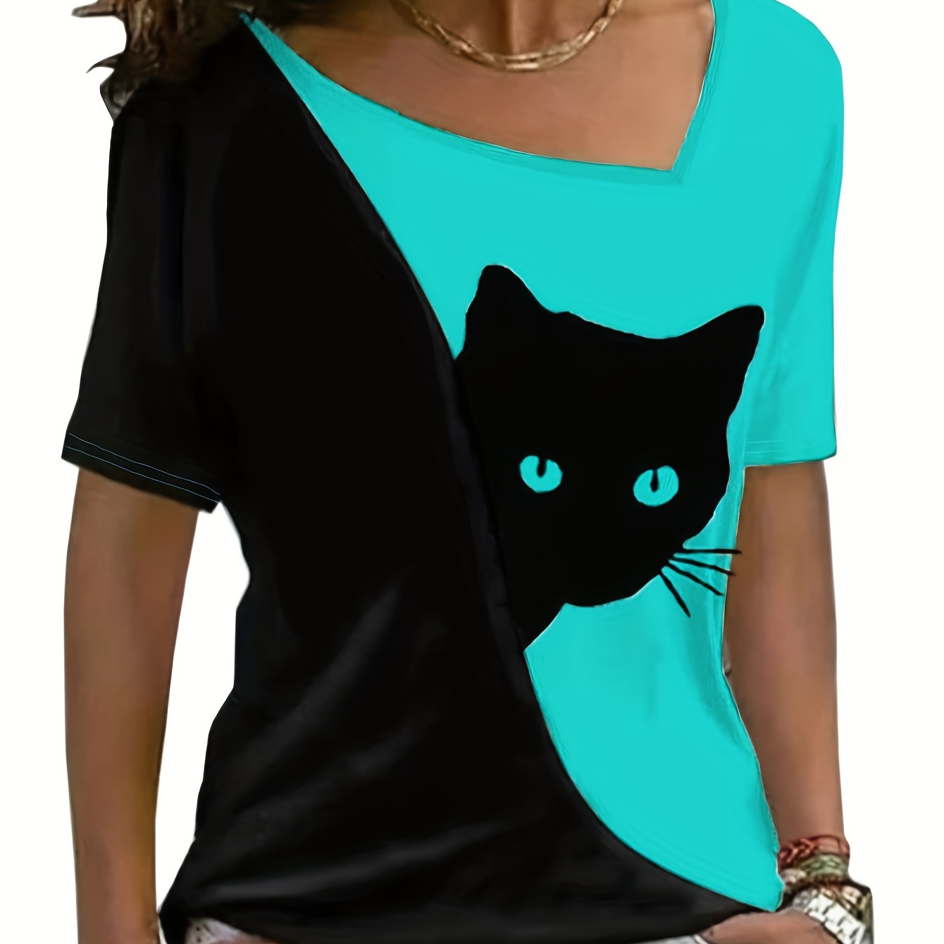 Cat Print Color Block T-Shirt, Asymmetrical Neck Short Sleeve T-Shirt, Casual Every Day Tops, Women's Clothing