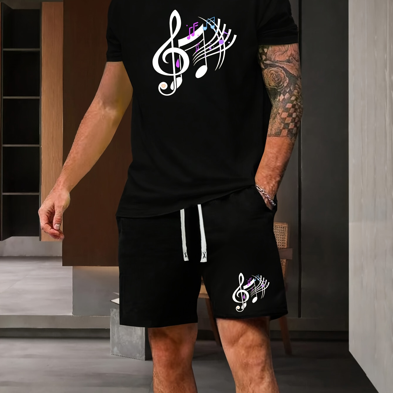 

Music Notes Pattern Print Short Sleeve Round Neck T-shirt & Jogger Shorts Set, Summer 2pcs Comfy Outfits For Men