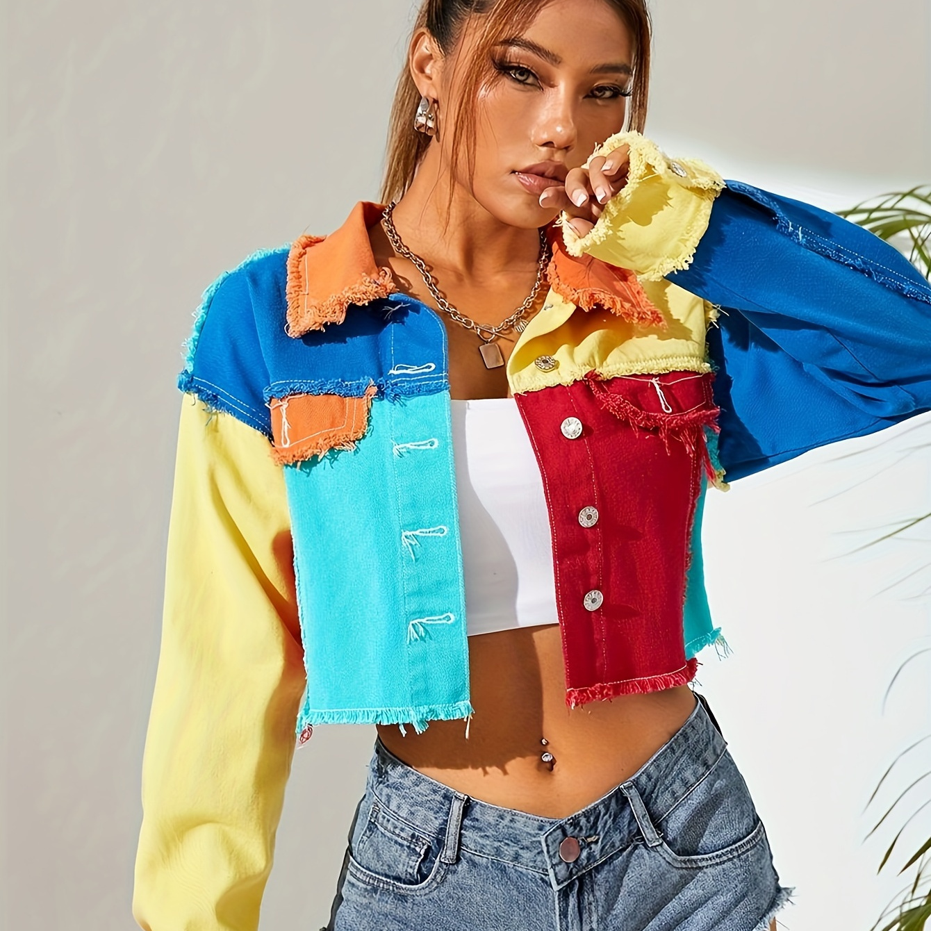 

Color Block Patchwork Denim Cropped Jacket, Women's Long Sleeve Raw Hem Casual Streetwear Top, Trendy Style Jean Shirt For Spring/fall